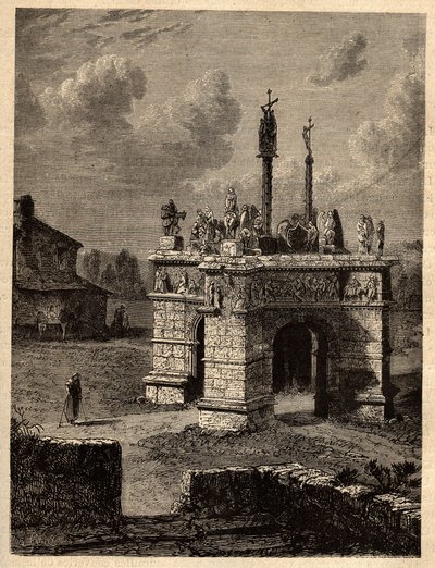 Finistere - Bretania - Le calvaire de pleyben - Enclos paroissial de Pleyben - Pleyben Parish close - grawerowanie w „” PATRIE” - PECTUREQUIRESSE OPIS FRANCJI W 6 TOMACH LUCIENA HUARDA - koniec XIX wieku autorstwa Unknown artist