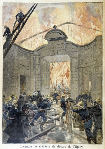 Interwencja straży pożarnej podczas pożaru sklepu z dekoracjami opery. ilustracja „Petity Journal” z 1894 roku. autorstwa Unknown artist