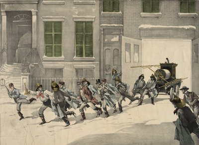 Strażacy odbierają telefony alarmowe z miejsca pożaru, akwarela z 1895 r. USA autorstwa Unknown artist