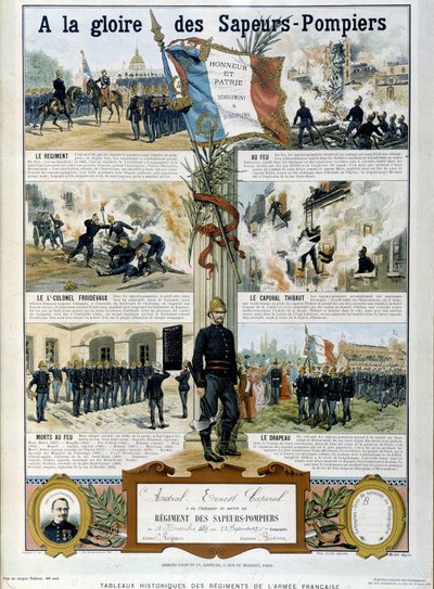 Strażacy: Ku chwale Sapeurów – w „”Historycznych obrazach pułków armii francuskiej”” ok. 1890 r. autorstwa Unknown artist