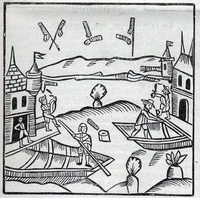 Fajerwerki i fajerwerki: Fajerwerki na wodzie. Reprodukcja rycin dzieła francuskiego jezuity Jeana Leurechona „La rekreacja mathematiques, ou interview facetieux sur plus belles problems, en fait d’arithmétique, de la geometrie”” autorstwa Unknown artist