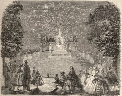 Fajerwerki i iluminacja zamku Maison Laffitte (House-Laffitte) w wieczór konkursu komisji rolnej. Grawer w „Le Monde illustrious” z 1857 r. Ze zbiorów prywatnych. autorstwa Unknown artist