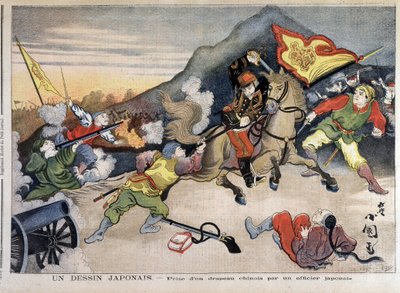 Pierwsza wojna chińsko-japońska - Wojna chińsko-japońska: zdobycie chińskiej flagi przez japońskiego oficera - w "Le Petit Journal" z 29.10.1894 (rycina) autorstwa Unknown artist
