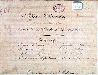 Pierwsza strona nut do opery Gaetano Donizettiego Eliksir miłości autorstwa Unknown artist