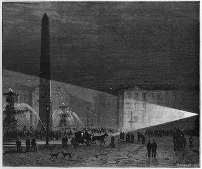 Pierwsze publiczne doświadczenie oświetlenia elektrycznego wykonanego w Paryżu na Place de la Concorde przez Deleuila i Leona Foucaulta na targach w grudniu 1844 r. w „La Nature”. Przegląd nauk i ich zastosowań w sztuce i przemyśle.” autorstwa Unknown artist