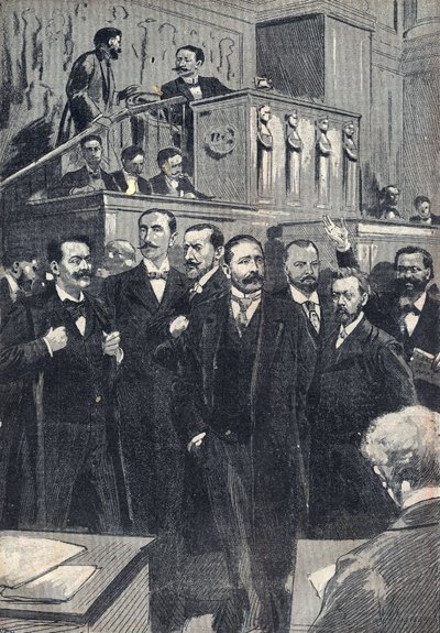 Pierwsze posiedzenie Izby Poselskiej wybranej w 1898 r.: Paul Deschanel (1855-1922), przewodniczący Izby Poselskiej. Paul Adolphe Granier de Cassagnac (1842-1904), Lucien Millevoye (1850-1918), Paul Deroulede (1846-1914), Jacques Piou (1838-1932), Eugen autorstwa Unknown artist