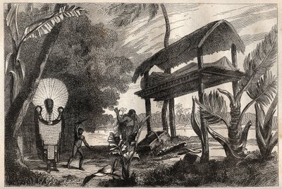 Pierwsza podróż (1768-1771) kapitana Jamesa Cooka (1728-1779): fia-toka (fia toka), budynek grobowy Tahiti - ilustracja zaczerpnięta z „Wielkich marynarzy XVIII wieku”” autorstwa Unknown artist