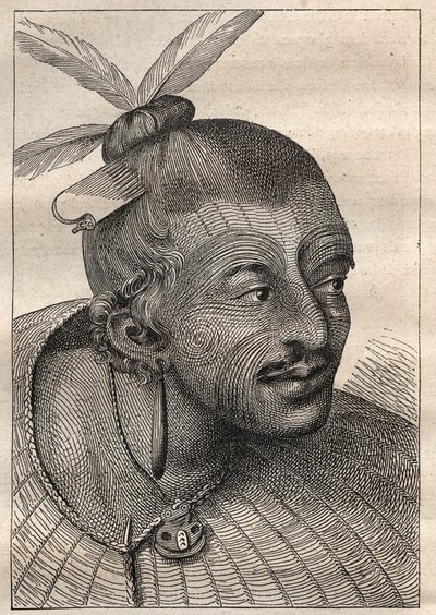 Pierwsza podróż (1768-1771) kapitana Jamesa Cooka (1728-1779): wytatuowana głowa Neo-Zelandais (Neo Zelandais) - ilustracja zaczerpnięta z „Wielkich marynarzy XVIII wieku”” autorstwa Unknown artist