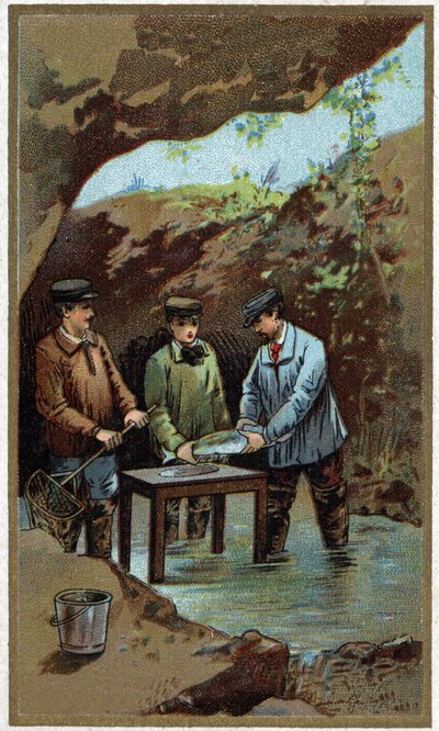 Hodowla ryb: sztuczne kładzenie. Chromolitografia z końca XIX wieku autorstwa Unknown artist