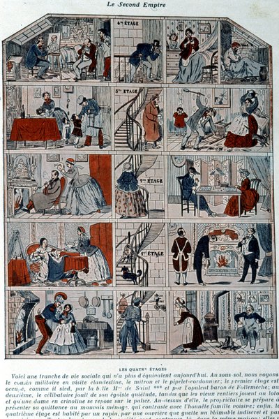 Pięć pięter przedstawia różne klasy społeczne w ramach drugiego imperium. Ilustracja przedstawiona jako przekrój paryskiego budynku. autorstwa Unknown artist