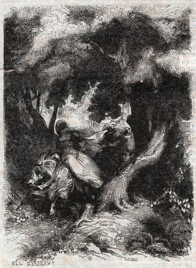 Ucieczka Angeliki (Angelica) podczas bitwy - rycina z 1851 r. z „”Wściekły Roland”” (Orlando furioso) (XVI w.) Ludovico Ariosto, zwanego Ariosta - Wydanie przetłumaczone z włoskiego przez hrabiego Tressan i wydane przez Gustave Harva autorstwa Unknown artist