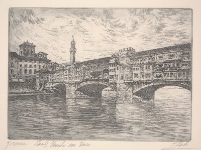 Florencja, Ponte Vecchio z Wieżą, prawdopodobnie koniec XIX wieku (akwaforta) autorstwa Unknown artist