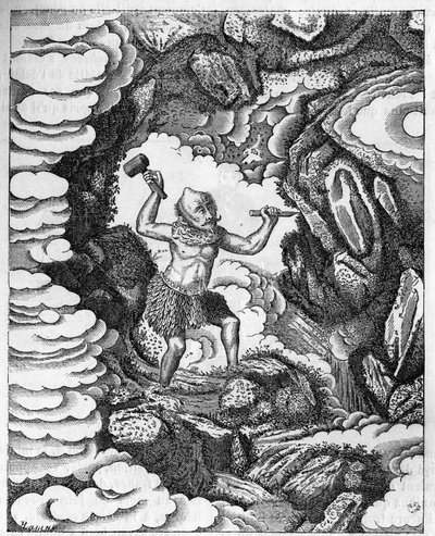 Powstawanie światów: chiński bóg Pan-Kou-Che rzeźbi korę ziemi. Grawerowanie w „Le journal de la jeunesse”” autorstwa Unknown artist
