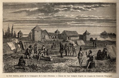 Fort Youkon, w Zatoce Norton na Alasce, założony w 1847 roku, założony przez Hudson Bay Company, Indianie obozowali wokół palisad. Grawerowanie ilustrujące podróż i przygody w angielskiej Kolumbii, wyspie Vancouver i Alasce, autorstwa Frederick autorstwa Unknown artist