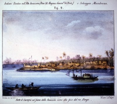Twierdza Gurupà nad Amazonką, w pobliżu ujścia Rio Xingu w Ekwadorze. Grawerunek z lat 1846 - 1848. autorstwa Unknown artist