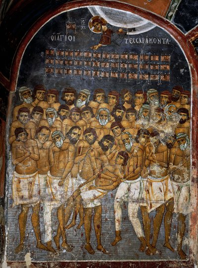 Czterdziestu Męczenników Sebaste lub Świętej Czterdzieści, fresk (XII w.), Ayios Nikolaos tis Steyis (Święty Mikołaj z Dachu) (XI w.) (Lista Światowego Dziedzictwa UNESCO, 2001), góry Troodos, Cypr autorstwa Unknown artist