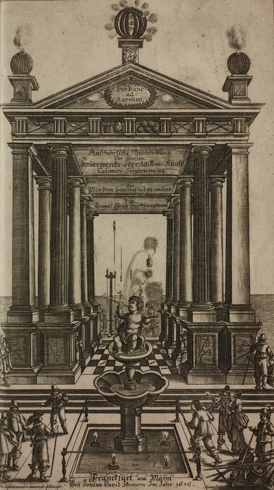 Fontanna z cherubinem i świątynią, rycina, frontispis z Grand Art d