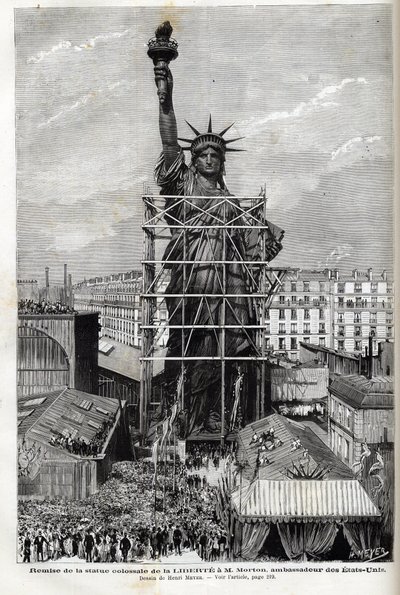 Francja, Paryż, Przekazanie Statuy Wolności ambasadorowi Stanów Zjednoczonych - Zapakowanie posągu Liberte wykonanego przez Frederica Auguste Bartholdiego (1834-1904) w rusztowanie, aby przetransportować go z Paryża do Ameryki autorstwa Unknown artist