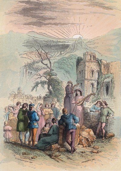 Francja w średniowieczu: Znajdź ciekawych ludzi do wzięcia udziału w krucjacie. Rycina z 1868 r. w „Histoire de Belgique od czasów pierwotnych do końca panowania Leopolda I”” autorstwa Theodore’a Juste (1818-1888). Prywatna kolekcja. autorstwa Unknown artist