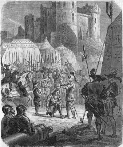 Franciszek I z Francji prosi o pasowanie na rycerza przez Kawalera Bayarda po zwycięstwie w bitwie pod Marignano we Włoszech autorstwa Unknown artist