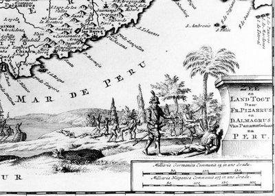Francisco Pizarro (w fr. Francois Pizarre) reprezentowany na mapie Peru. XVII wiek. autorstwa Unknown artist