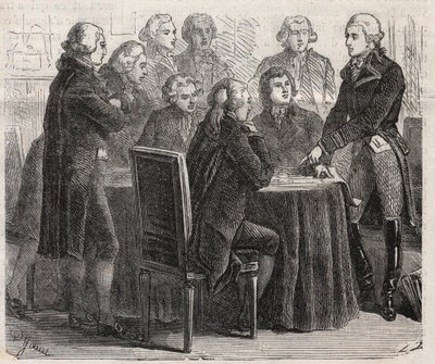 Rewolucja Francuska: Hrabia Louis Marie de Narbonne-Lara (Narbonne Lara) (1755-1813) pokazujący swoje plany w komisjach zgromadzenia - Grawerowanie w „”The Illustrous World”” autorstwa Unknown artist
