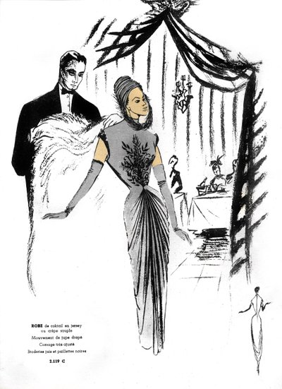 Francuska moda, projekt sukienki koktajlowej w restauracji. autorstwa Unknown artist