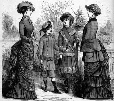 Francuska moda kobieca i dziecięca w XIX wieku. Reklama z 1882 r. Grawer w „”The Illustrous World”” nr 1302 z 11 marca 1882 r. autorstwa Unknown artist