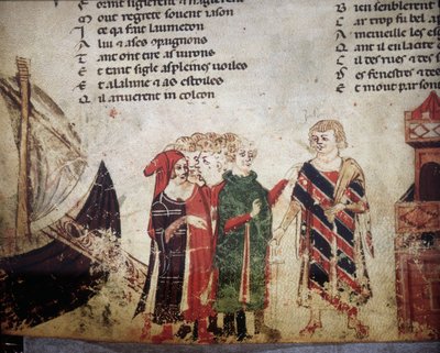 Francuski kupiec w Wenecji. Miniatura „Roman de Troy” autorstwa Benoit de Saint Maure. XIV-wieczna Biblioteca Marciana, Wenecja autorstwa Unknown artist