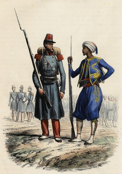 Francuski mundur wojskowy: po lewej utworzono legion obcych i wysłany do Algierii w 1831 r. Po prawej rdzenni jeźdźcy, przeszkoleni i wysłani do Algierii w 1841 r. W L