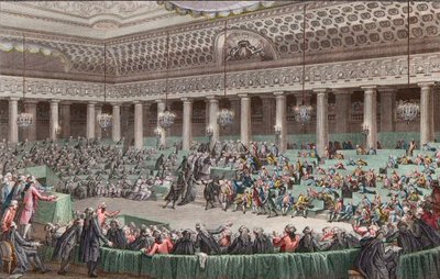 Rewolucja francuska - Zgromadzenie Narodowe zrzeka się wszystkich przywilejów, 4 sierpnia 1789, grawerowane przez Helmana - Assemblee - Nationale Abandonment de tous - les privileges, a Versailles, Seance de la - Nuit du 4 au 5 avril 1789 autorstwa Unknown artist