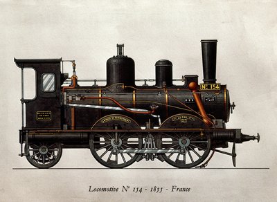 Pociąg francuski: Lokomotywa Numero 154 z 1855 r. Grawerowanie. Paryż, Sztuka Dekoracyjna autorstwa Unknown artist