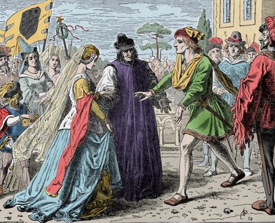 Przyjęcie Eleonory przez Fryderyka - Fryderyk III (Fryderyk V Habsburg) (1415-1493), cesarz rzymski otrzymuje Alienora Portugalii (1434-1467) autorstwa Unknown artist