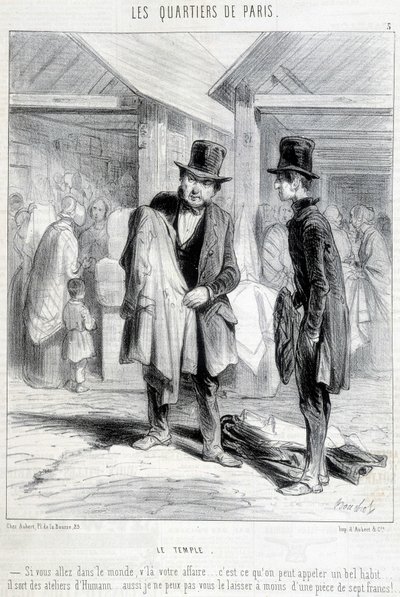 Fripier z dzielnicy świątynnej w Paryżu próbuje sprzedać ubrania mężczyźnie. Rycina XIX wieku. autorstwa Unknown artist