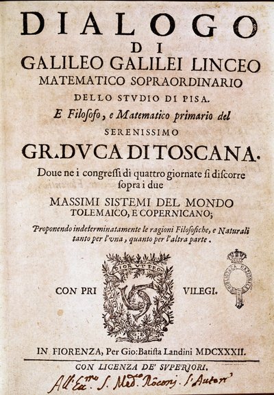 Frontyspicjum „”Dialogu o dwóch wielkich systemach świata”” (dialogo sopra i due massimi sistemi del mondo) na zlecenie papieża Urbana VIII astronomowi i fizykowi Galileo Galilei dit Galilee (1564-1642) około 1620 r. i opublikowane w 1632 r. . Ono autorstwa Unknown artist