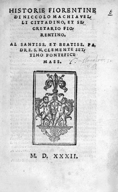 Frontyspekcja „” Historie Fiorentine autorstwa Niccolo (by Bernardo dei) Machiavelli (Nicolas Machiavel) autorstwa Unknown artist
