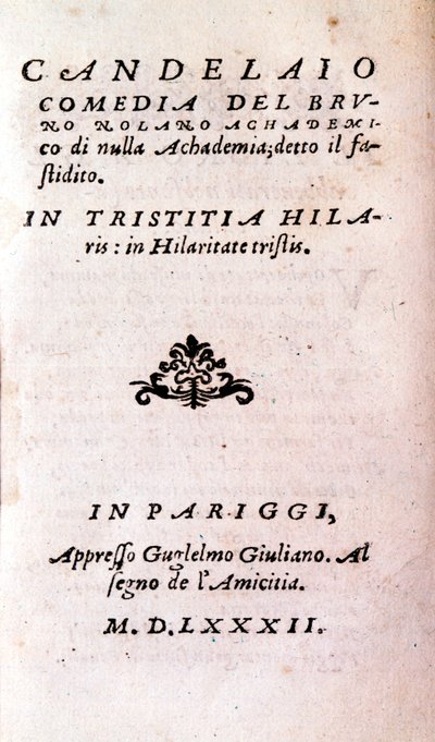 Frontispice of „”Il candelaio”” (Świecznik) autorstwa Giordano Bruno (1546-1600), włoskiego filozofa i teologa. 1582 autorstwa Unknown artist