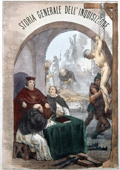 Frontyspicjum Historii Ogólnej Inkwizycji autorstwa Pietro Tamburiniego z ilustracją przedstawiającą sceny symbolicznej inkwizycji. Mediolan 1850. autorstwa Unknown artist
