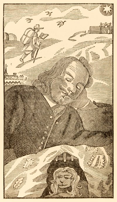 Frontyspis z książki Johna Bunyana (1628-1688) The Pilgrims Progress From This World, To That Co Ma Nadejść, ukazujący marzenie autora o pielgrzymującym chrześcijaninie obciążonym wiedzą o swoim grzechu autorstwa Unknown