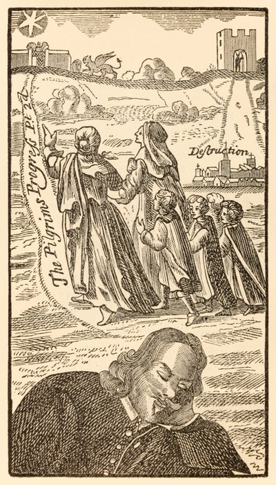 Frontyspis z drugiej części Wędrówki pielgrzymów z tego świata, do tego, co ma nadejść autorstwa Johna Bunyana (1628-1688) przedstawiający autora marzącego o rodzinie chrześcijan, jego żonie Christianie i autorstwa Unknown