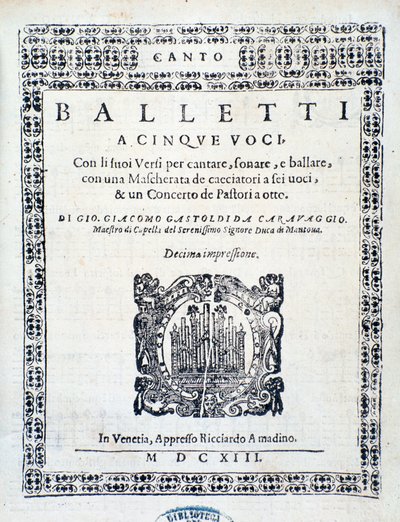 Frontyspis Balletti na pięć głosów Giovanniego Giacomo Gastoldi autorstwa Unknown artist