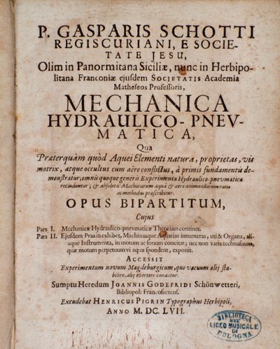 Frontyspis Mechanica Hydraulico Pneumatica autorstwa Gaspara Schott autorstwa Unknown artist