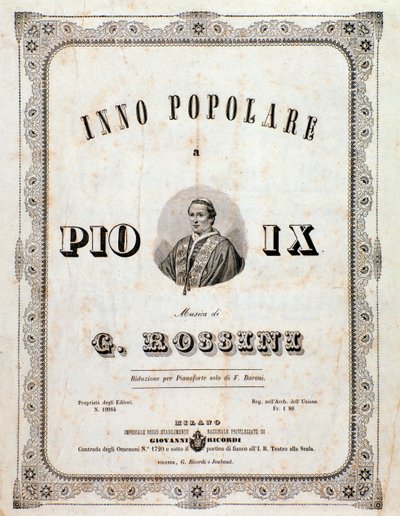 Frontyspis partytury Popularny hymn dla Piusa IX autorstwa Gioacchino Rossiniego autorstwa Unknown artist