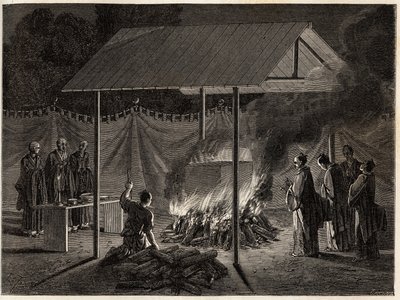Ceremonie pogrzebowe: rytualne spopielanie. Rycina ilustrująca podróż do Japonii w latach 1863-1864, autorstwa Aime Humberta, ministra Konfederacji Szwajcarskiej, w „Le tour du monde, nouveau journal des voyages”, wydanej pod kierunkiem Edouarda Chartona autorstwa Unknown artist
