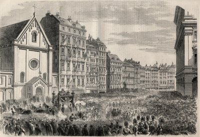 Pogrzeb cesarza Meksyku Maksymiliana I (1832-1867): przyjazd konduktu pogrzebowego przed wiedeńskim kościołem kapucynów. Grawer w „”L