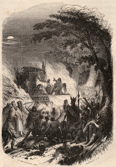 Pogrzeb wodza Germaina w starożytności: jego ciało zostaje spalone wraz z bronią i koniem. Rycina z 1868 r. w „Histoire de Belgique od czasów pierwotnych do końca panowania Leopolda I”” autorstwa Theodore’a Juste (1818-1888). Prywatna kolekcja. autorstwa Unknown artist