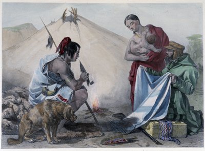 Wymiana futra na tkaninę między kanadyjskimi Indianami Huron a białym człowiekiem - w „Szkicach Shytha w Kanadzie” Coke Smyth, Londyn autorstwa Unknown artist
