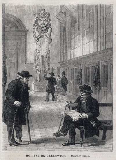 GREENWICH HOSPITAL (Szpital Greenwich): Figurant okrętu wojennego „Centurion” dominuje w szpitalu Anson Ward, który zostanie zamknięty w 1869 r. i zostanie przekształcony w Naval College – Grawerowanie z „” The Illustrous Universe””” 1866 autorstwa Unknown artist