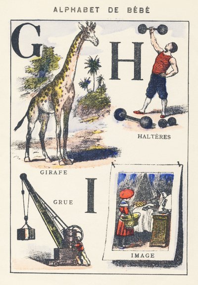 G H I: żyrafa, żuraw, hantle, obraz autorstwa Unknown artist