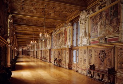 Galerie Francois I na zamku Fontainebleau: stolarka i malowidła ścienne wykonane w XVI wieku autorstwa Unknown artist